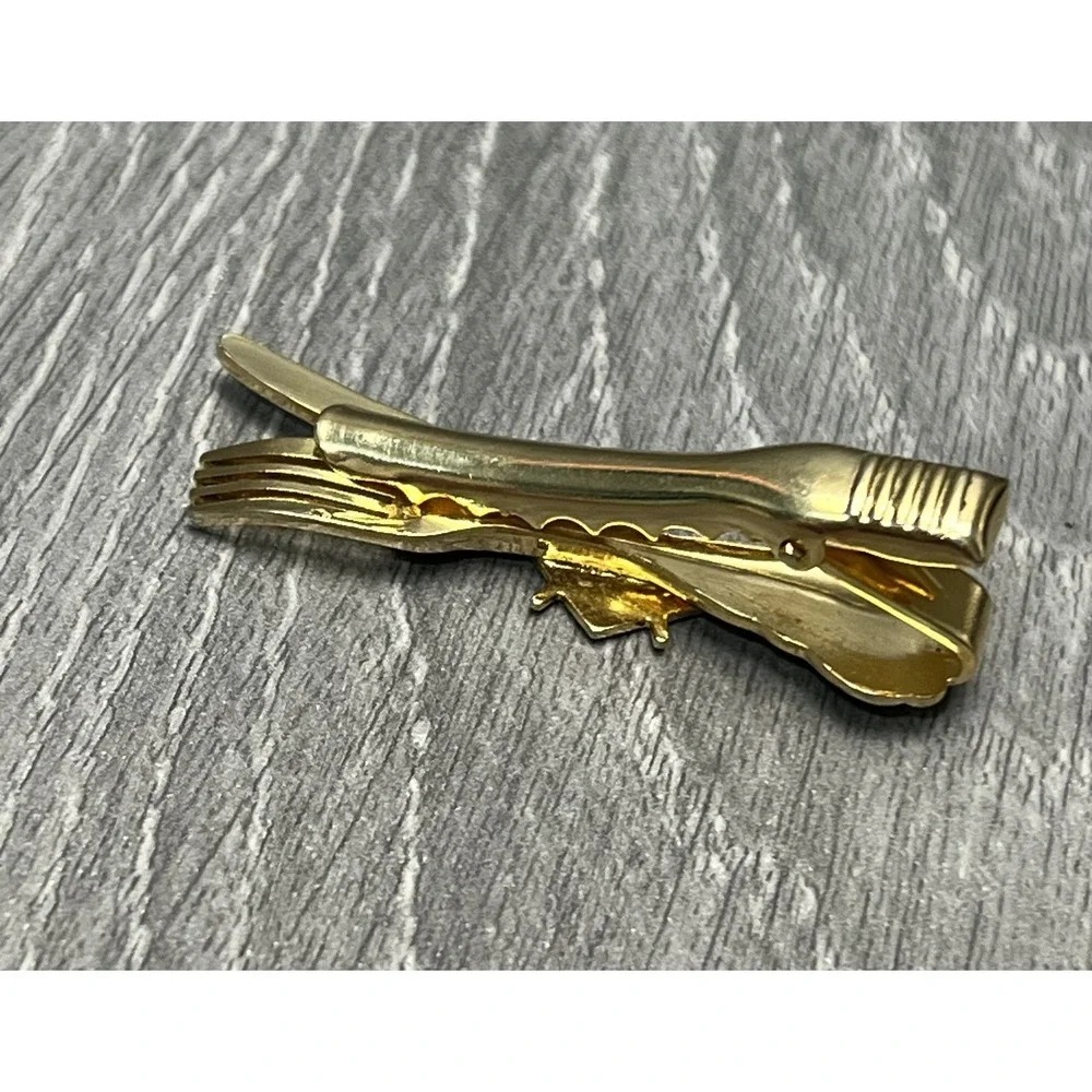 Masonic Square & Compass Tie Clasp Clip Gold Tone Fork Knife Dinner Theme‎ Men's